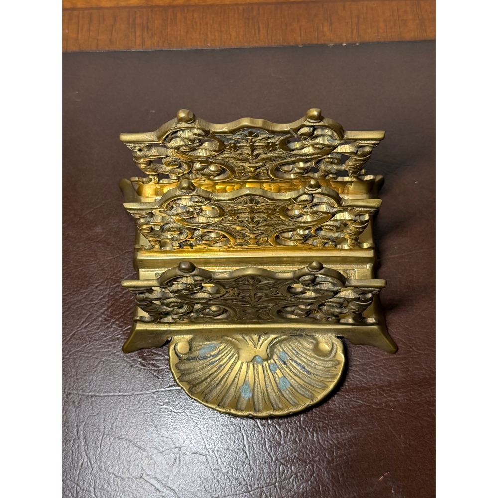 Vtg Solid Brass Letter Holder Mail Organizer Desk Art Nouveau Victorian Style - Picture 5 of 10